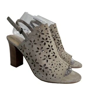 Via Spiga Sandals Womens Sz 8.5 Gray Laser Cut Peep Toe Heeled Leather Slingback